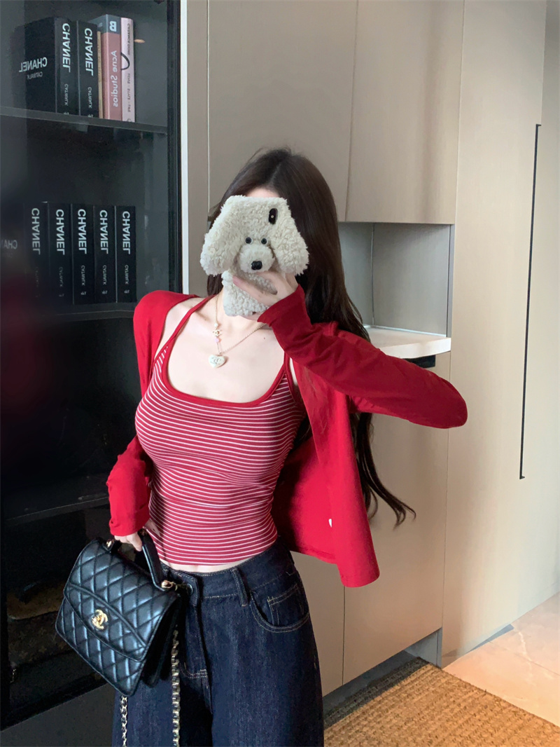 撞色细条纹短袖T恤开衫秋季新款韩系休闲百搭上衣两件套 服裝批發女裝批發服飾貨源