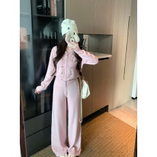 实拍 小香翻领上衣+针织裤子套装女