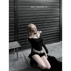 批发Niche Clothing 辣妹性感镂空挂脖长袖连体<b class='q'>裤</b><b class='q'>T</b>恤修身显瘦百搭上衣