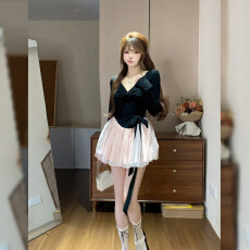 批发纯欲千金风穿搭法式网纱<b class='q'>连衣裙</b>2025秋冬新款早秋短款粉色裙子女装