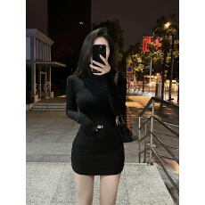 批发洋气半高领紧身连衣裙女秋季长袖修身打底裙子纯欲收腰<b class='q'>包臀</b>裙短裙