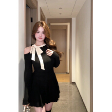 批发公主风蝴蝶结加绒黑色针织连衣裙女气质<b class='q'>大码</b>露肩收腰显瘦蓬蓬短裙