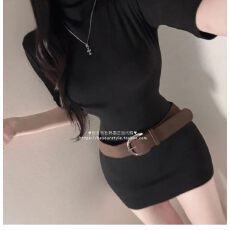 批发热销 韩国代购正品PO137气质 高级感复古宽腰带紧身包臀连衣<b class='q'>裙</b>