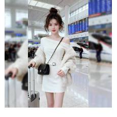 批发法式纯欲白色一字肩长袖包臀<b class='q'>连衣裙</b>女小个子<b class='q'>收腰</b>修身显瘦露肩短裙
