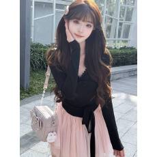 批发芭蕾风甜美巨好看花苞裙女<b class='q'>春秋</b>新款掐腰显瘦小个子蝴蝶结<b class='q'>连衣裙</b>子