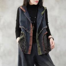 批发复古拼色连帽牛仔马甲女春秋宽松显瘦无袖背心短款开衫上衣外套潮