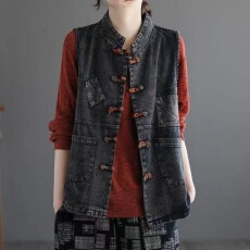 批发文艺复古大码民族风盘扣牛仔马甲女款2025春<b class='q'>夏</b>季外穿背心休闲坎肩