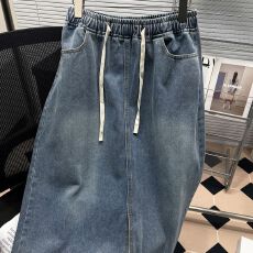 批发胖mm牛仔半身裙女a字开叉高腰春<b class='q'>秋</b>松紧腰宽松大码洋气过膝中长裙