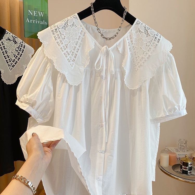 지방 mm 특별 빅 사이즈 통통한 여동생 홀로우 아웃 레이스 베이비 칼라 여성 셔츠 루즈핏 레이스업 슬림해 보이는 루즈핏 반팔 맨위