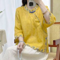 批发复古国风棉麻衬衫女中式立领撞色盘扣喇叭袖上衣绣花茶服夏季女装