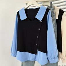 批发大码秋季上衣女装<b class='q'>假两件</b><b class='q'>衬衫</b>拼接长袖设计感<b class='q'>衬衣</b>胖mm遮肚显瘦上衣