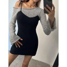 批发韩国<b class='q'>东大门</b>秋冬新款气质假两件斜领露肩拼接修身包臀御姐<b class='q'>连衣裙</b>女