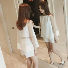 批发夏季新款韩版网纱百搭拼接无袖背心上衣+休闲短裤套装女两件套潮