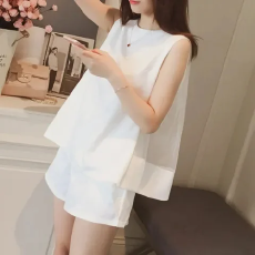 批发夏季新款韩版网纱百搭拼接无袖背心上衣+休闲短裤套装女两件套潮