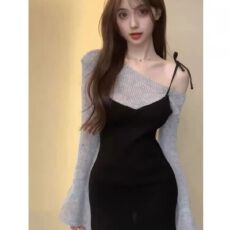 批发韩国<b class='q'>东大门</b>秋冬新款气质假两件斜领露肩拼接修身包臀御姐<b class='q'>连衣裙</b>女