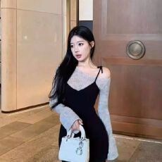 批发韩国<b class='q'>东大门</b>秋冬新款气质假两件斜领露肩拼接修身包臀御姐<b class='q'>连衣裙</b>女