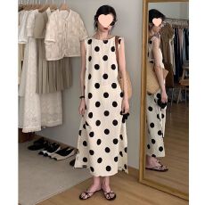 批发韩系<b class='q'>夏季</b>法式复古圆领撞色波点设计宽松休闲无袖高腰背心<b class='q'>连衣裙</b>女