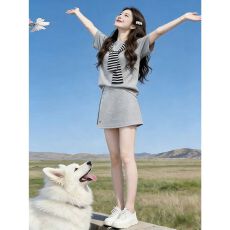 批发学院风超仙减龄套装女士夏季新款韩版时尚短袖短裙显瘦两件套