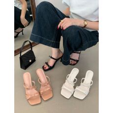 批发裸色高跟鞋蝴蝶结一字拖鞋女鞋子外穿2025新款<b class='q'>夏</b>季配裙子细带凉鞋
