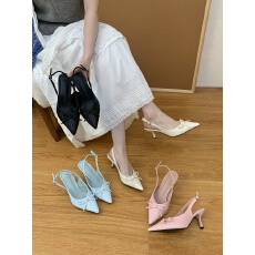 批发法式春季小跟鞋尖头蝴蝶结浅口V口包头一字带高跟鞋细跟凉鞋单鞋