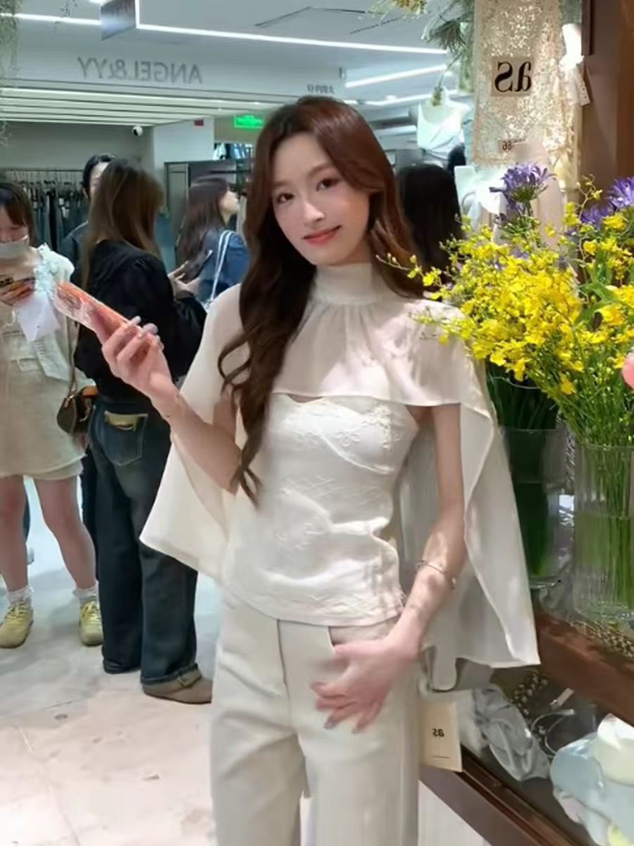 부드러운 바람 살구 색상 쉬폰 어깨 캐미솔 투피스 세트 품격 반하이넥 망토 숄 맨위 여성