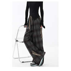 批发<b class='q'>秋</b>冬新款复古撞色休闲格子裤女拼接三条杠设计感阔腿高街拖地裤子