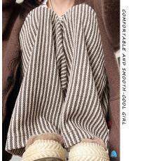 批发原版毛呢面料 条纹阔腿裤女<b class='q'>秋</b>冬高腰开叉宽松休闲直筒垂感拖地裤