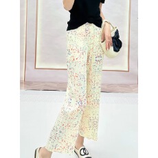 批发夏季新款休闲小个子褶皱高腰直筒<b class='q'>裤</b>时尚简约印花冰丝百褶九分<b class='q'>裤</b>