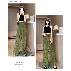 批发2026新款绿色印花冰丝<b class='q'>阔腿裤</b>女夏季薄款高腰垂感<b class='q'>雪纺</b>百褶拖地长<b class='q'>裤</b>