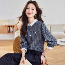 批发2026秋冬装新款蓝白格衬衫女长袖小翻领高级感百搭休闲衬衣