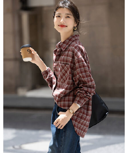 2025 겨울 지능 출퇴근 폴로 칼라 체크무늬 셔츠 막대기 가방 루즈핏 긴팔 셔츠 여성 의류 맨위