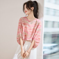 批发2026夏季新款时尚轻薄凉感晕染印花雪纺t恤女显瘦小衫灯笼袖上衣