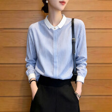批发蓝色<b class='q'>条纹</b>长袖<b class='q'>衬衫</b>女士2026早秋季新款高级感宽松显瘦通勤气质上衣