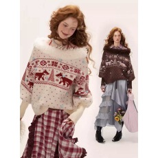 批发狐狸费尔岛大v领毛衣针织衫女2025新圣诞款宽松慵懒风设计感外套