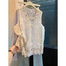 批发老钱风v领流苏亮片<b class='q'>镂空</b><b class='q'>针织</b>女夏季外穿甜美减龄无袖蕾丝<b class='q'>罩衫</b>上衣