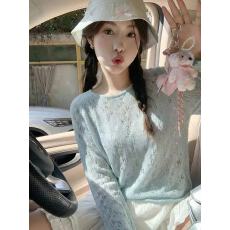 批发早春韩系<b class='q'>镂空</b>薄款蓝色长袖<b class='q'>针织</b>衫女春季新款防晒<b class='q'>罩衫</b>上衣