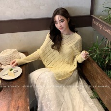 批发设计感针织镂空<b class='q'>针织衫</b>女<b class='q'>不规则</b>圆领长袖毛衣罩衫