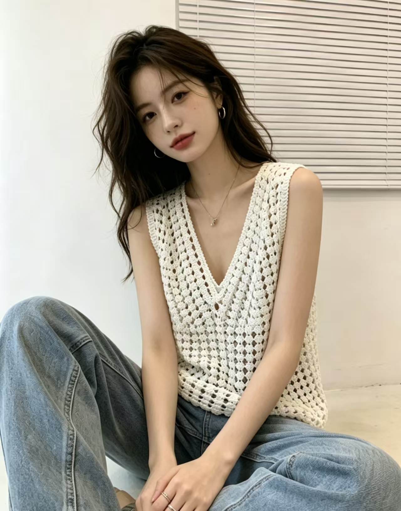 여름 새로운 프랑스식 홀로우 아웃 자수 디자인 센스 연령 감소 외국 가스 민소매 조끼 베스트 맨위 티셔츠