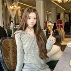 批发小个子韩系慵懒风灰色针织裙子女秋冬新款<b class='q'>毛衣</b>套装包臀裙两件套