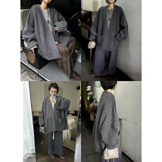 批发法式复古V领针织<b class='q'>开衫</b>女2026秋冬韩系宽松慵懒休闲肌理感毛衣外套