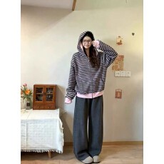 批发韩系复古粉黑条纹连帽<b class='q'>开衫</b>外套女宽松慵懒风百搭拉链长袖上衣