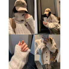 批发慵懒风牛角扣高领毛衣外套女秋<b class='q'>冬</b>高级感软糯宽松百搭针织开衫上衣