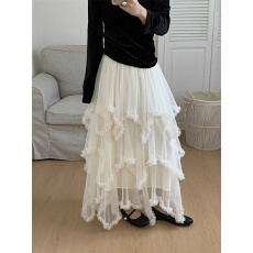 批发设计感不规则木耳边拼接网纱半身裙女春季新款蓬蓬A字蛋糕裙