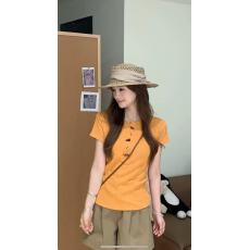 批发少女感肌理条纹牛角扣内搭短袖上衣夏季休闲通勤<b class='q'>百搭</b>t恤女