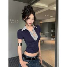2026夏季法式复古辣妹风拼接蕾丝显瘦撞色假两件POLO领T恤上衣女