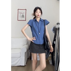 批发学院风辣妹掐腰显瘦短袖衬衫女短款上衣夏季衬衣小衫
