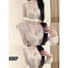 批发性感V领<b class='q'>镂空</b>系带蕾丝衫