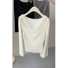 批发网纱拼接假一字肩长袖上衣