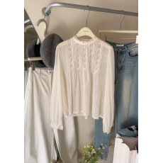 批发蕾丝拼接压褶长袖衬衫花边领