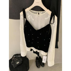 批发韩系两件套钉珠<b class='q'>丝绒</b>吊带+打底衫